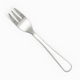 Single mirror-polished stainless steel dessert fork with plain rounded handle, diagonal view