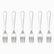Six mirror-polished stainless steel dessert forks with 3 tines lined up in a row