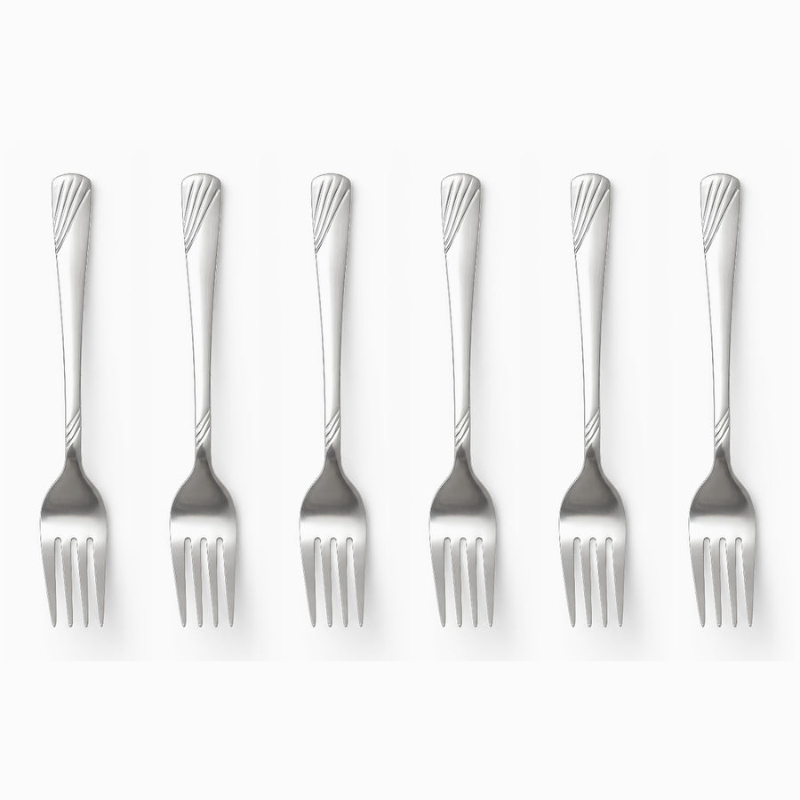 Six stainless steel dessert forks with engraved wave handles lined up in a row