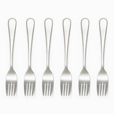 Six mirror-polished stainless steel dinner forks with 4 tines lined up in a row