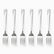 Six stainless steel dinner forks with engraved wave handles lined up in a row