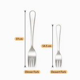 Mirror finish stainless steel fork lengths: dinner fork 19 cm and dessert fork 14.5 cm