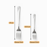 Stainless steel fork lengths: dinner fork 19 cm and dessert fork 14.5 cm