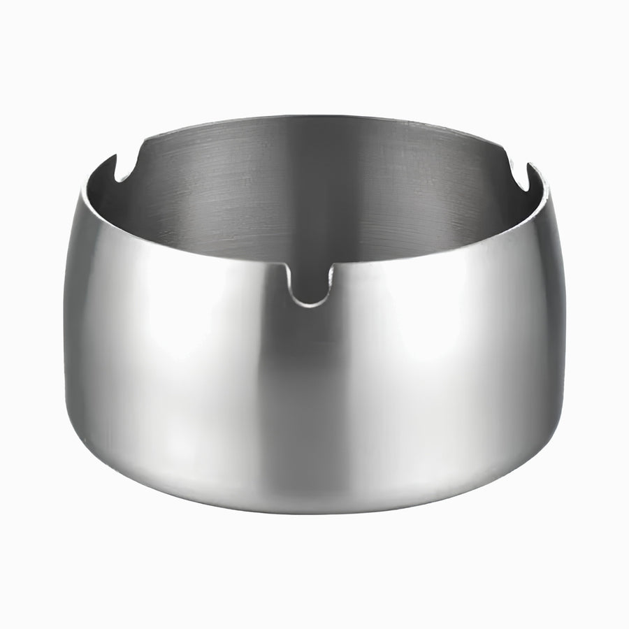 Silver brushed stainless steel round ashtray with 3 cigarette notches