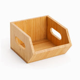 Small bamboo organizer bin with slanted front and oval cut-out side handles