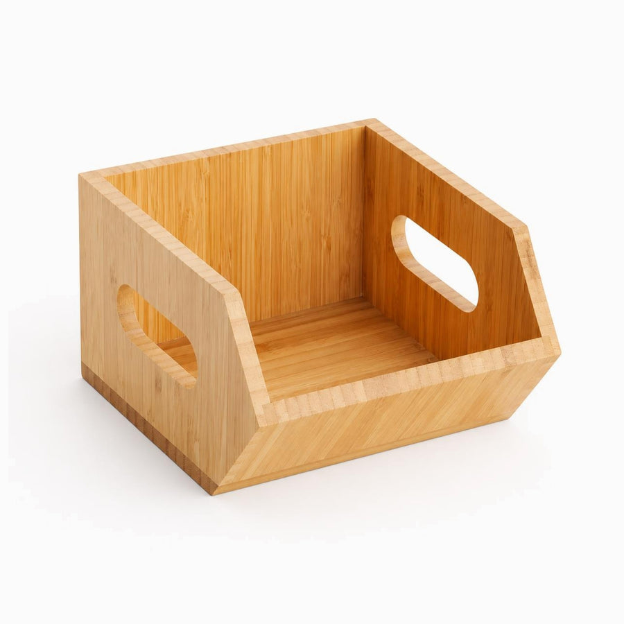Small bamboo organizer bin with slanted front and oval cut-out side handles