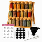 Bamboo Spice Rack with 18 Glass Jars, Labels & Accessories | 3-Tier | 26 x 30 x 31 cm