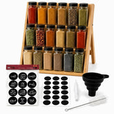 Bamboo 3-tier spice rack with 18 glass jars with black lids, black round Arabic and English labels and accessories