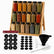 Bamboo 3-tier spice rack with 18 glass jars with black lids, black round Arabic and English labels and accessories