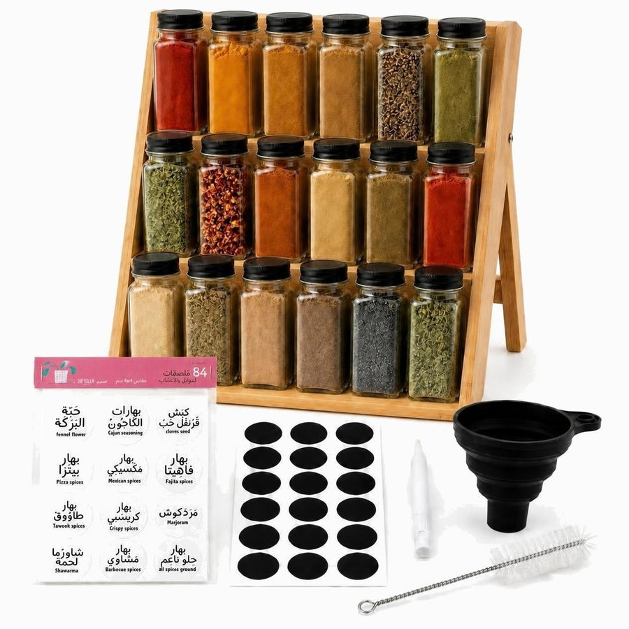 Bamboo 3-tier spice rack with 18 glass jars with black lids, clear Arabic and English labels and accessories