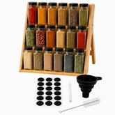 Bamboo 3-tier spice rack with 18 glass jars with black lids, blank chalkboard labels, chalk marker, funnel and brush