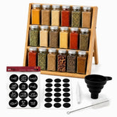 Bamboo 3-tier spice rack with 18 glass jars with silver lids, black round Arabic and English labels and accessories