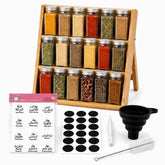 Bamboo 3-tier spice rack with 18 glass jars with silver lids, clear Arabic and English labels and accessories