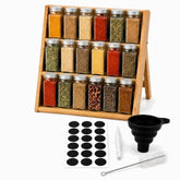 Bamboo 3-tier spice rack with 18 glass jars with silver lids, blank chalkboard labels, chalk marker, funnel and brush