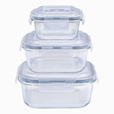 3 square glass food containers with clear locking lids stacked from large to small