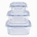 3 square glass food containers with clear locking lids stacked from large to small