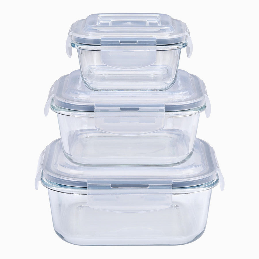 3 square glass food containers with clear locking lids stacked from large to small