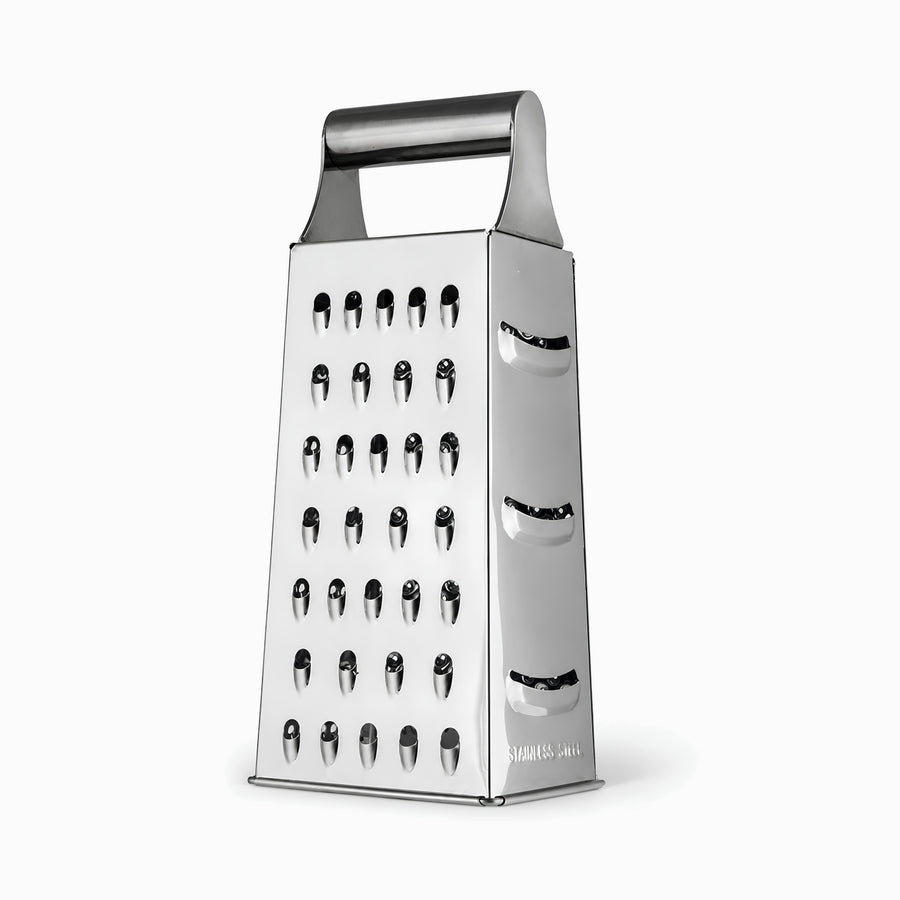 Stainless steel 4-sided box grater with a curved steel handle, shredding holes and slicing blades