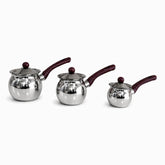 Three polished steel rakweh coffee pots in 3 sizes with burgundy speckled handles and knobs
