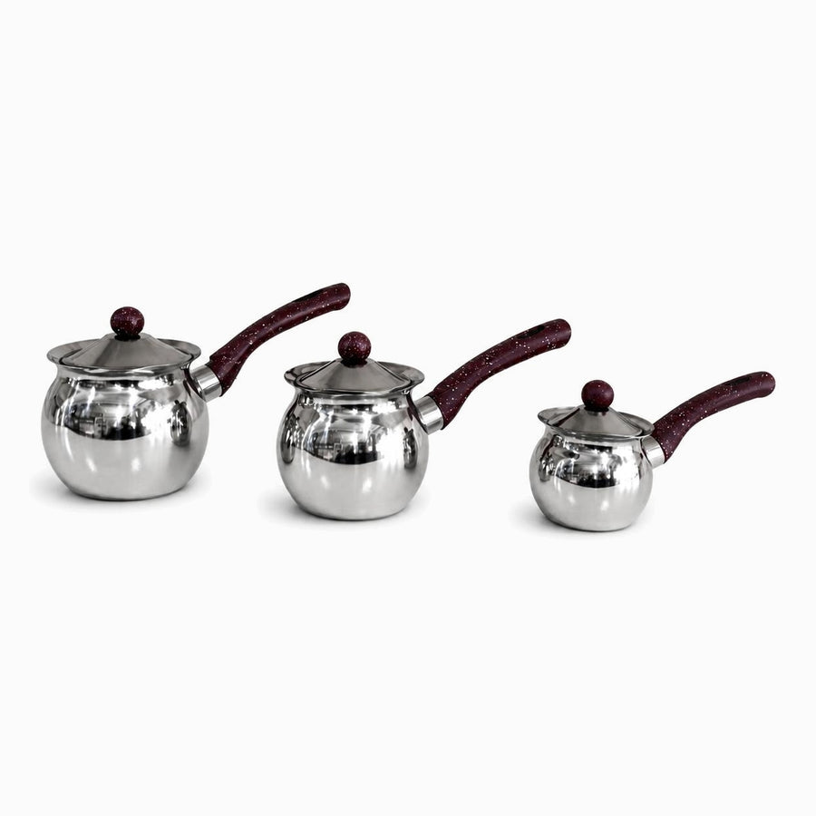 Three polished steel rakweh coffee pots in 3 sizes with burgundy speckled handles and knobs