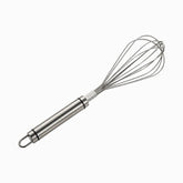 Stainless steel balloon whisk with round handle and hanging loop