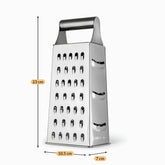 Stainless steel box grater dimensions 23 cm tall, 10.5 cm wide and 7 cm deep
