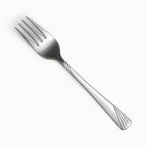 Single stainless steel dessert fork with wave handle, diagonal view