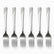 Six stainless steel dessert forks with engraved wave handles lined up in a row