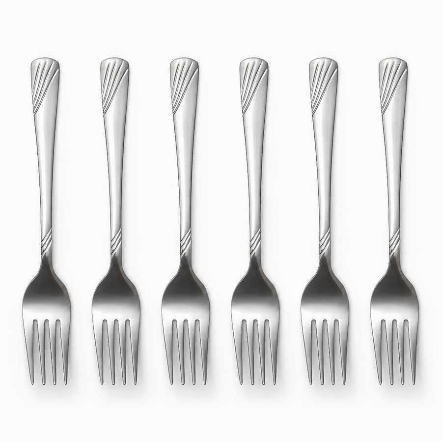 Six stainless steel dessert forks with engraved wave handles lined up in a row