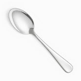 Single mirror-polished stainless steel dessert spoon with plain rounded handle, diagonal view