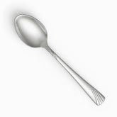 Single stainless steel dessert spoon with wave handle, diagonal view