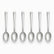 Six stainless steel dessert spoons with engraved wave handles lined up in a row