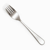 Single mirror-polished stainless steel dinner fork with plain rounded handle, diagonal view