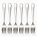 Six mirror-polished stainless steel dinner forks with 4 tines lined up in a row