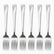 Six stainless steel dinner forks with engraved wave handles lined up in a row