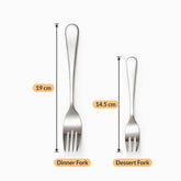 Mirror finish stainless steel fork lengths: dinner fork 19 cm and dessert fork 14.5 cm