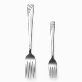 Stainless steel dinner fork and smaller dessert fork side by side to compare sizes