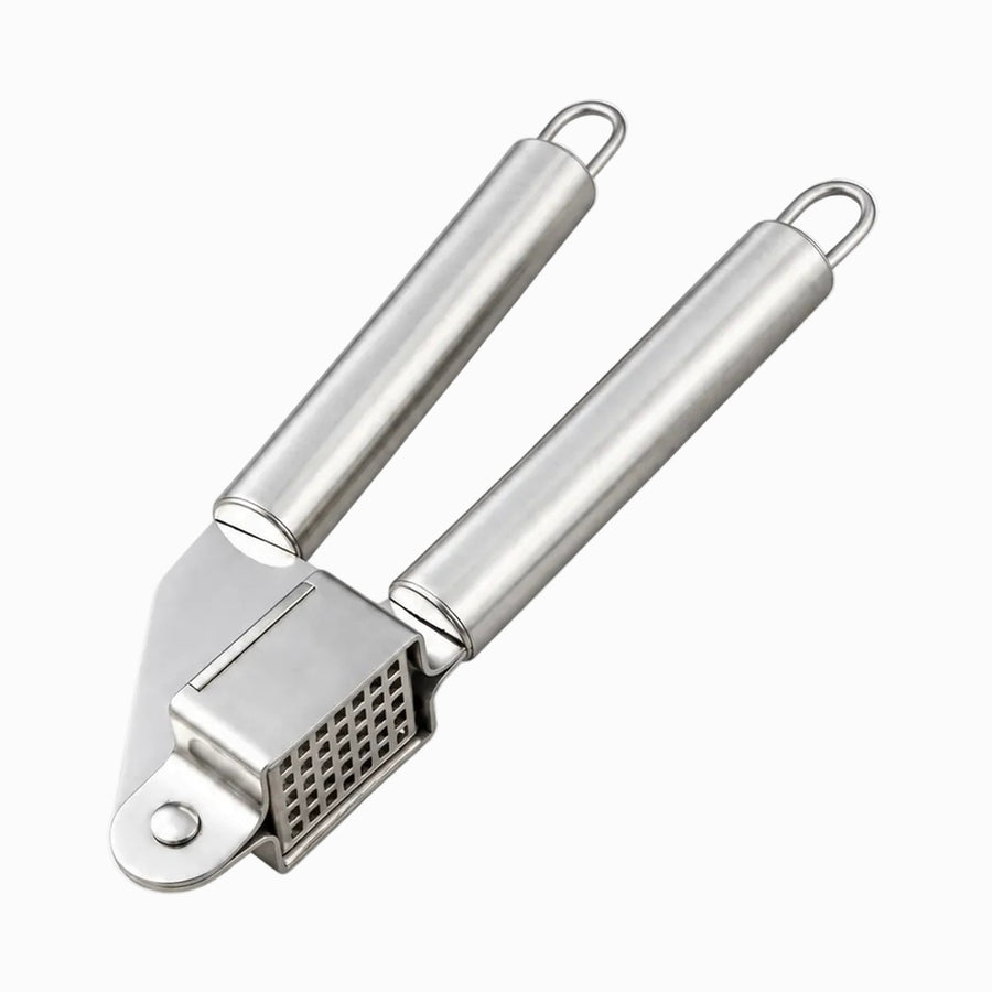 Stainless steel garlic press with square perforated chamber and round hollow handles