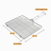 Stainless steel grill basket dimensions 39 x 29 cm, 2.5 cm deep, 54 cm total length with handle