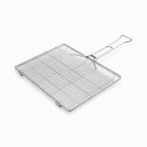 Stainless steel BBQ grill basket with fine wire grid, hinges, locking ring and long wire handle