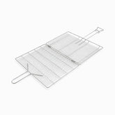 Stainless steel grill basket opened flat showing both hinged wire halves and handle