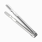 Stainless steel kitchen tongs with serrated tips, slightly open