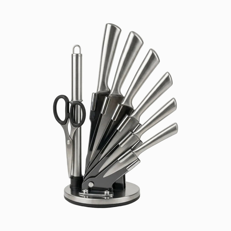 6 stainless steel knives, sharpening steel and black-handled scissors on a round rotating stand