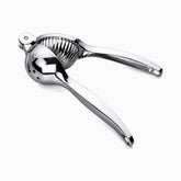 Polished stainless steel hand-press lemon squeezer with ribbed bowl and long handles