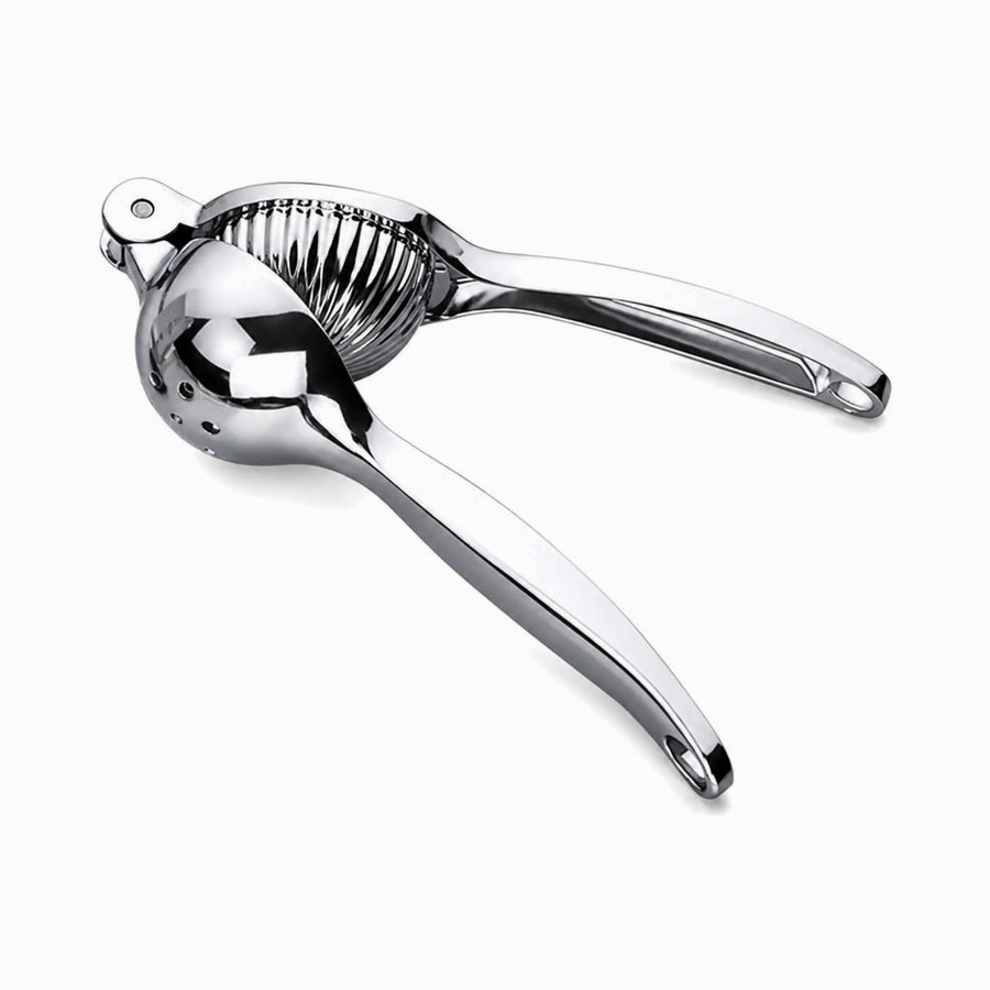 Polished stainless steel hand-press lemon squeezer with ribbed bowl and long handles