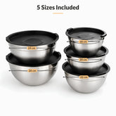 5 stainless steel salad bowls with lids labeled 18, 20, 22, 24 and 26 cm