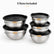 5 stainless steel salad bowls with lids labeled 18, 20, 22, 24 and 26 cm