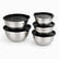 5 brushed stainless steel salad bowls with black lids stacked in 2 groups
