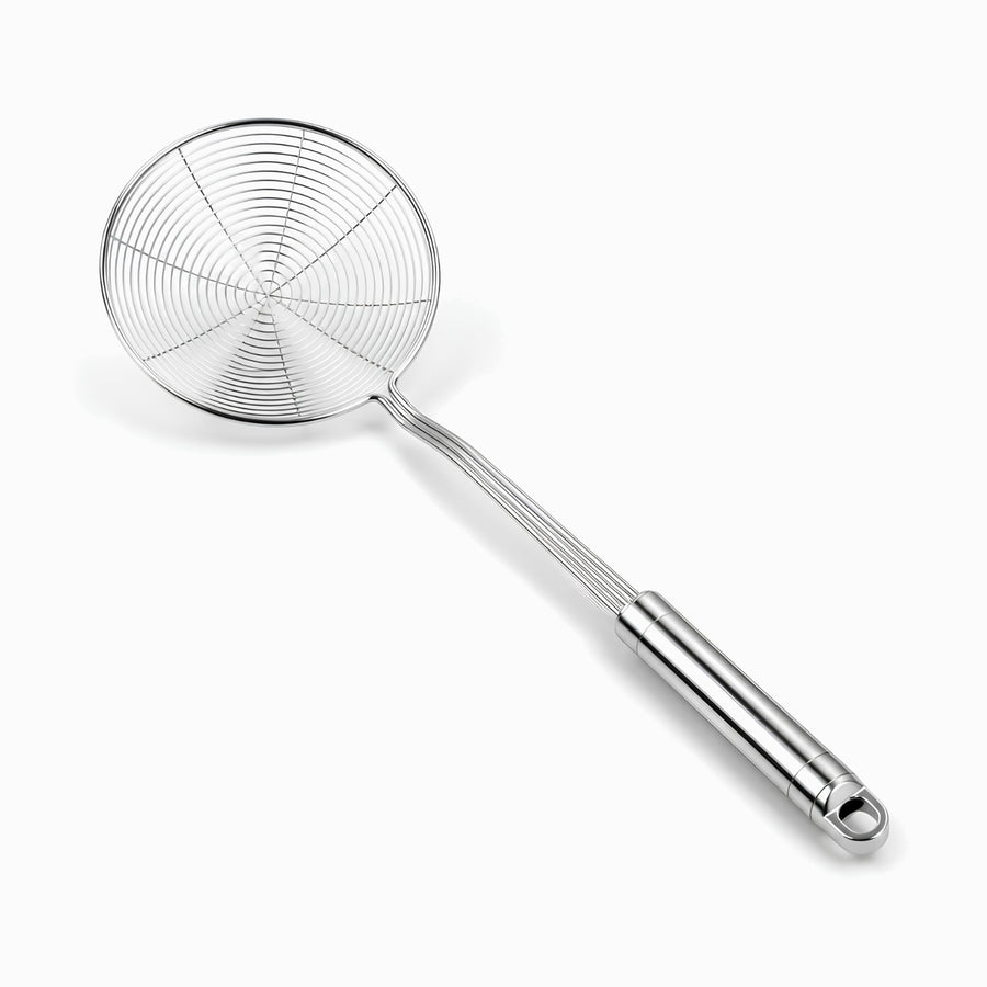 Stainless steel spider skimmer with spiral wire basket and round handle with hanging hole