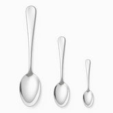 Mirror-polished stainless steel table, dessert and coffee spoons side by side to compare sizes